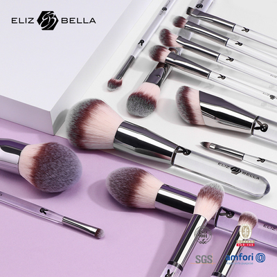 14PCS Professional Quality Makeup Brush Set Shiny Silver Ferrule And Clear Plastic Handle